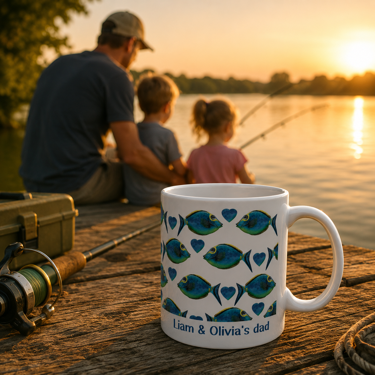 Personalized fish pattern we love you mug size and detail view, 11oz and 15oz