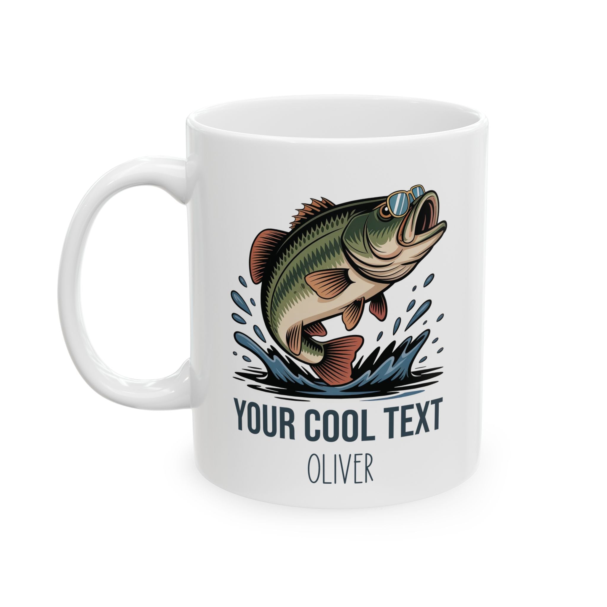 Personalized custom text bass fishing mug displayed on a desk
