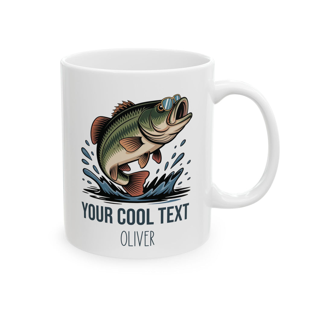 Personalized custom text bass fishing mug for him, front view