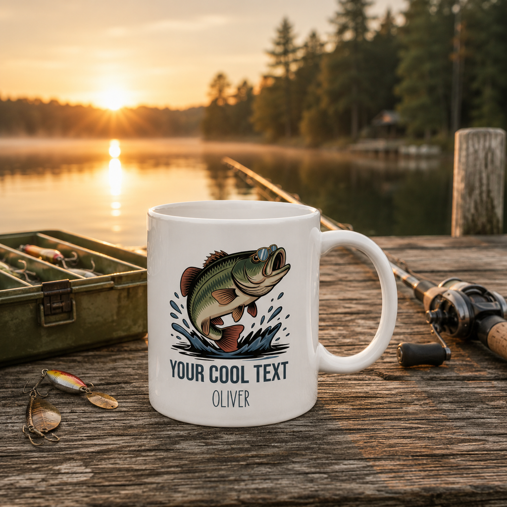 Personalized custom text bass fishing mug displayed as a gift