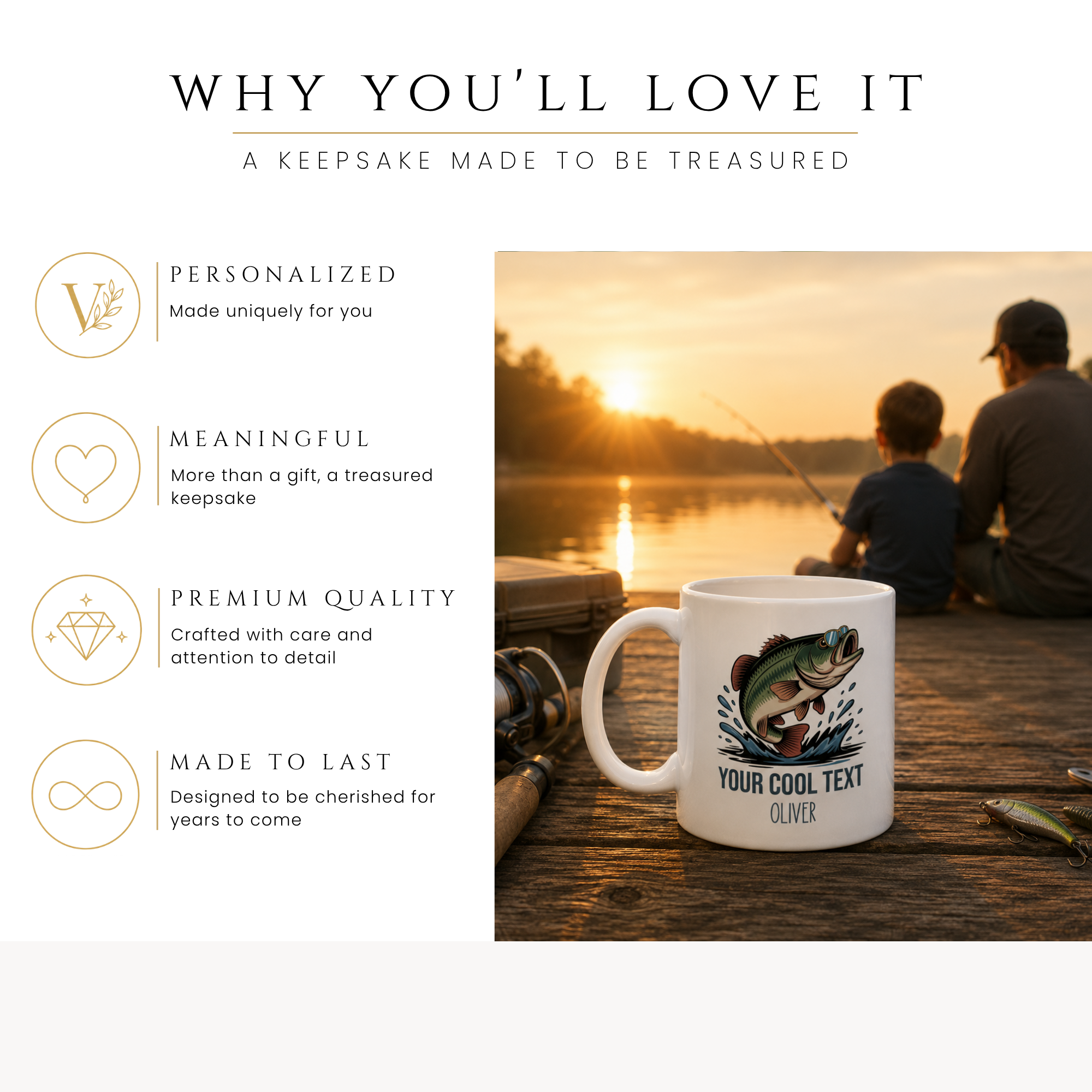 Personalized custom text bass fishing mug, handle-side view