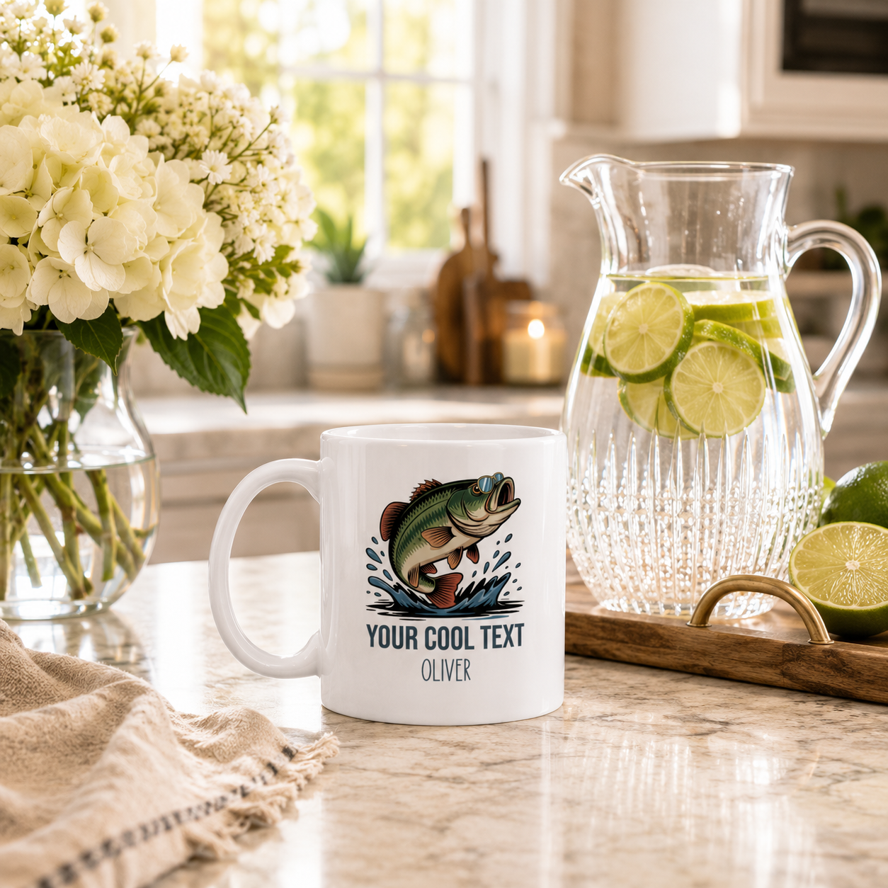 Personalized custom text bass fishing mug shown from the side