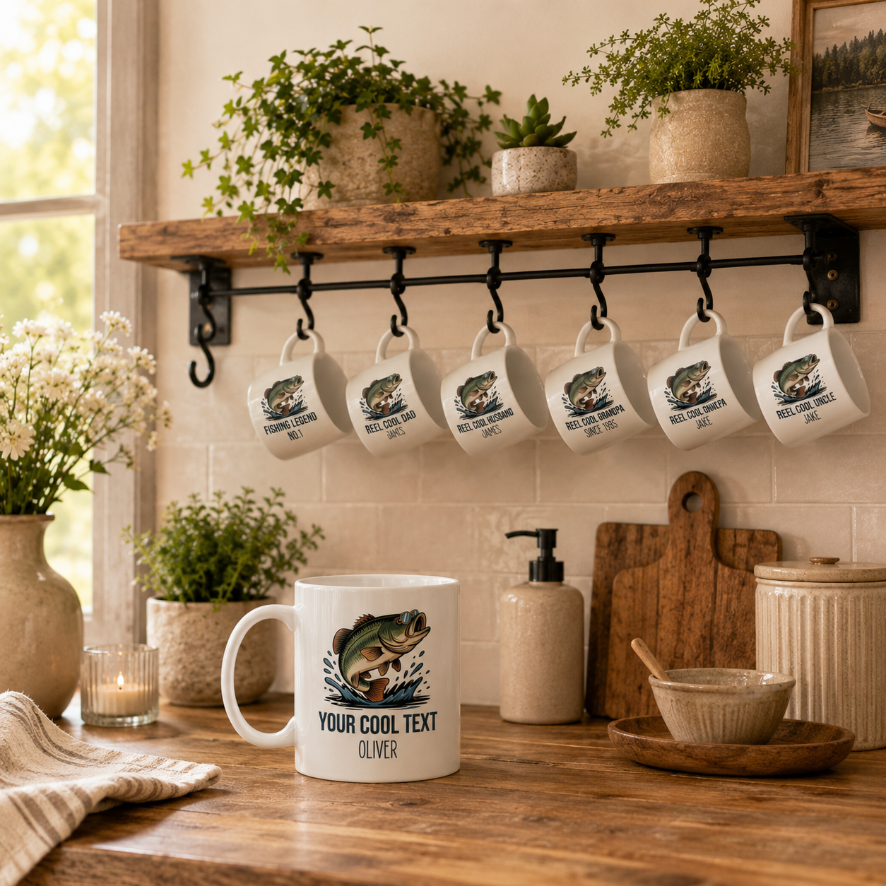 Personalized custom text bass fishing mug size and detail view, 11oz and 15oz