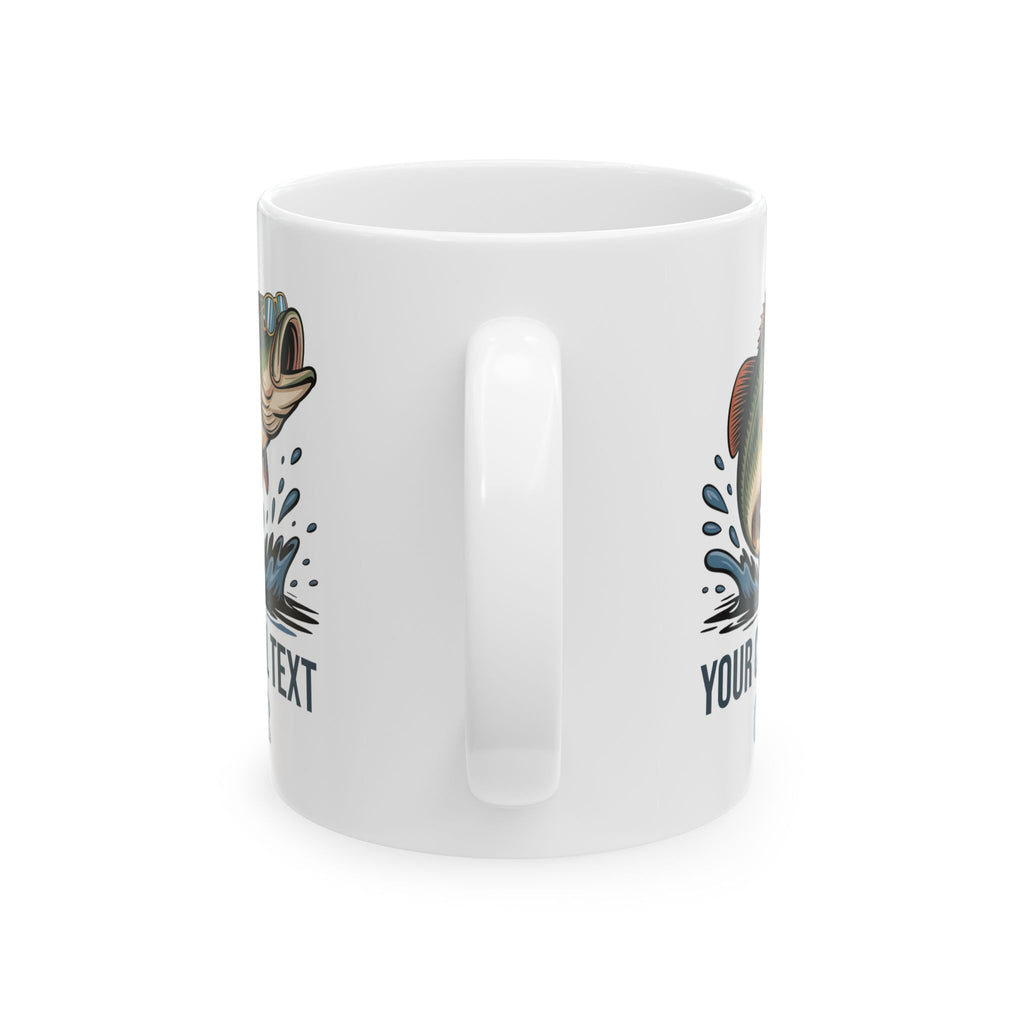 Personalized custom text bass fishing mug shown on a table as a birthday gift