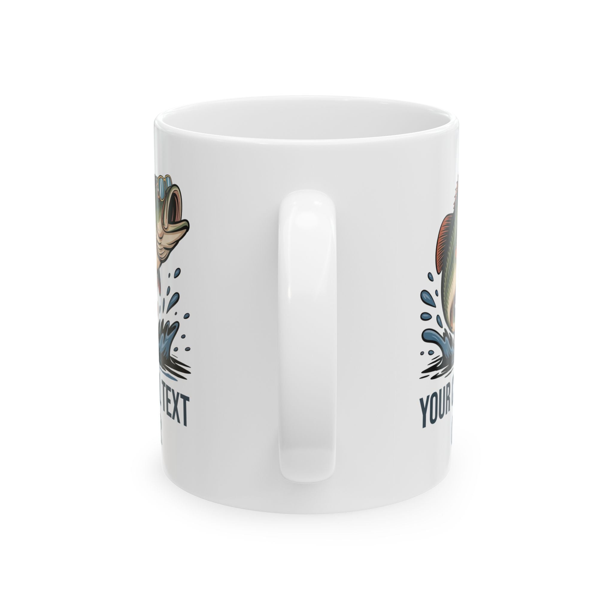 Personalized custom text bass fishing mug shown on a table as a birthday gift