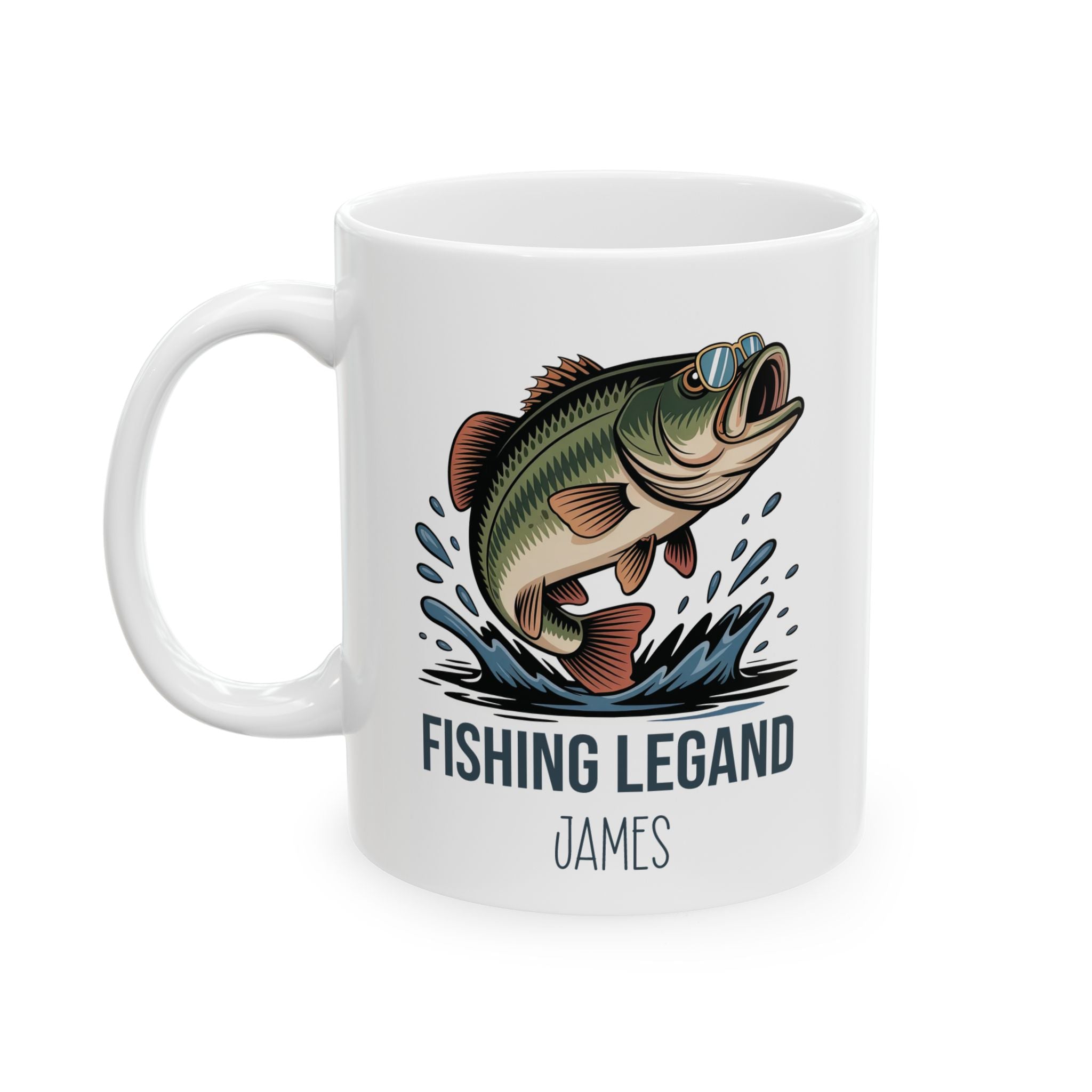 Personalized Fishing Legend bass mug displayed on a desk
