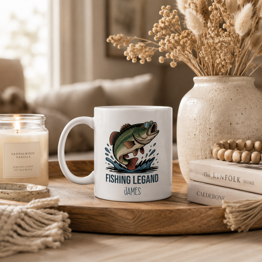 Personalized Fishing Legend bass mug displayed as a gift