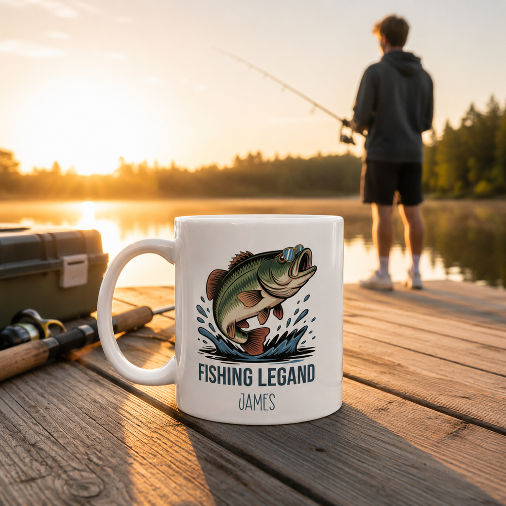 Personalized Fishing Legend bass mug shown from the side