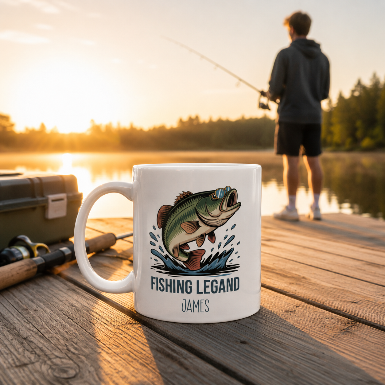 Personalized Fishing Legend bass mug shown from the side