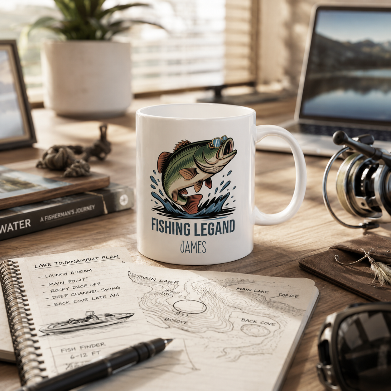 Personalized Fishing Legend bass mug size and detail view, 11oz and 15oz