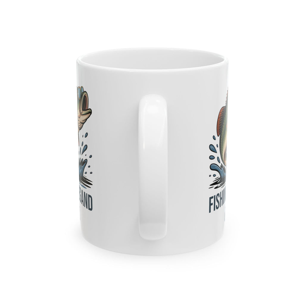 Personalized Fishing Legend bass mug shown on a table as a birthday gift