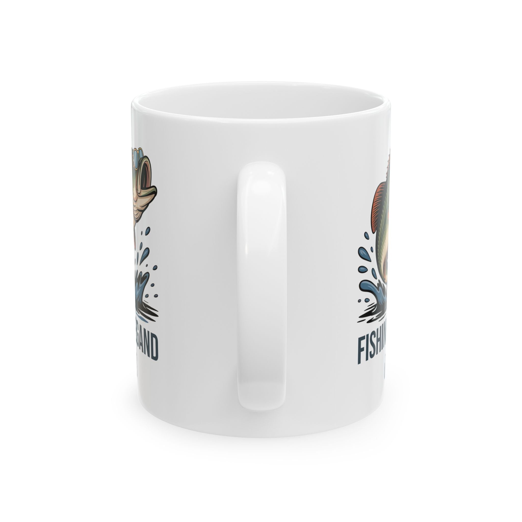 Personalized Fishing Legend bass mug shown on a table as a birthday gift