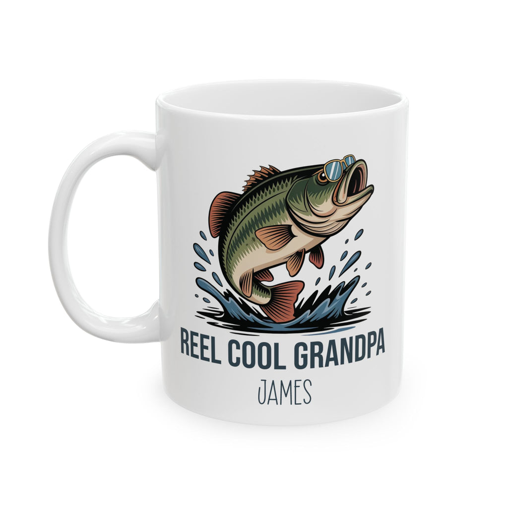 Personalized Reel Cool Grandpa bass fishing mug displayed on a desk