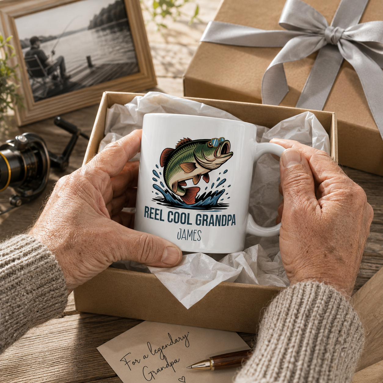 Personalized Reel Cool Grandpa bass fishing mug displayed as a gift
