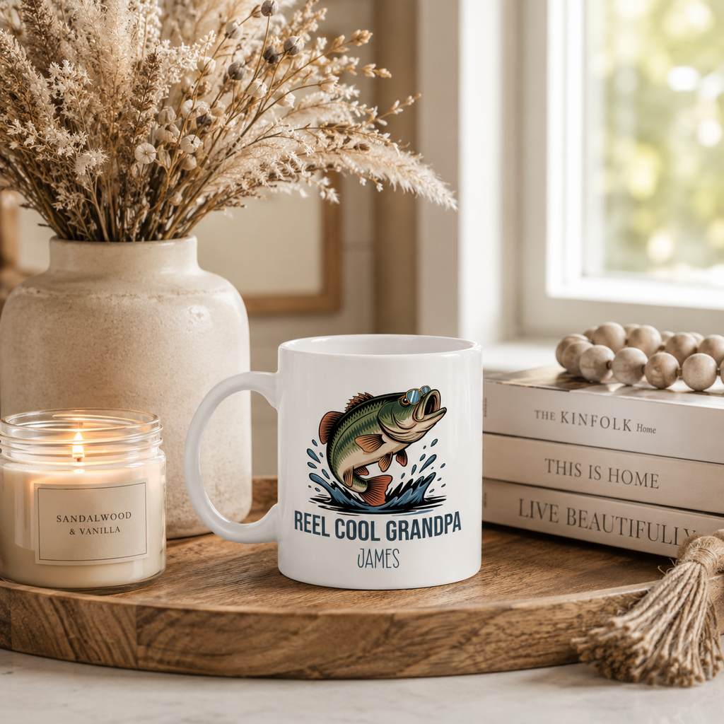 Personalized Reel Cool Grandpa bass fishing mug in everyday use