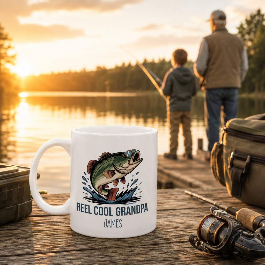 Personalized Reel Cool Grandpa bass fishing mug shown from the side