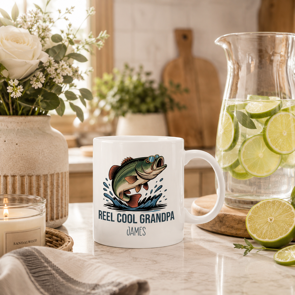 Personalized Reel Cool Grandpa bass fishing mug size and detail view, 11oz and 15oz