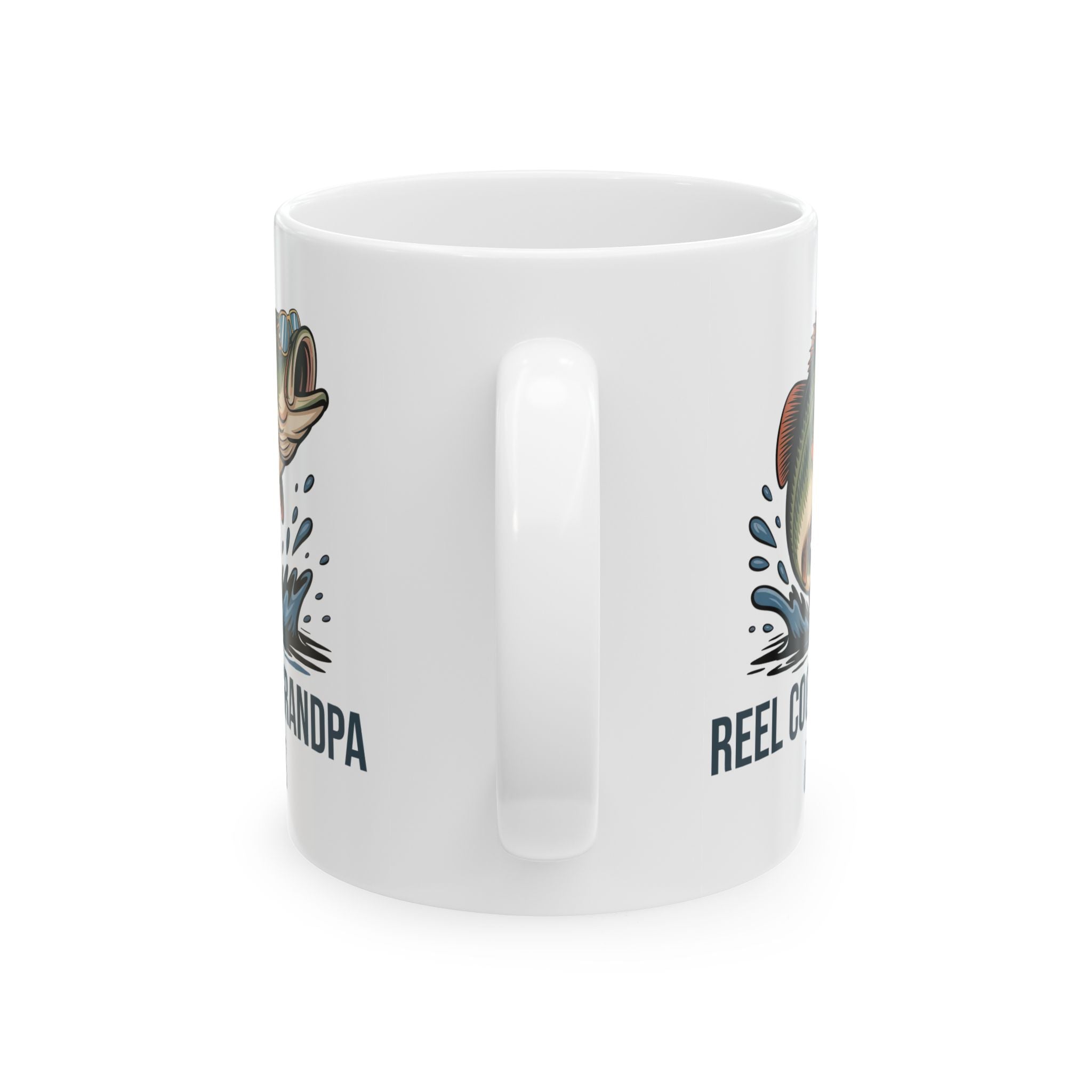 Personalized Reel Cool Grandpa bass fishing mug shown on a table as a birthday gift