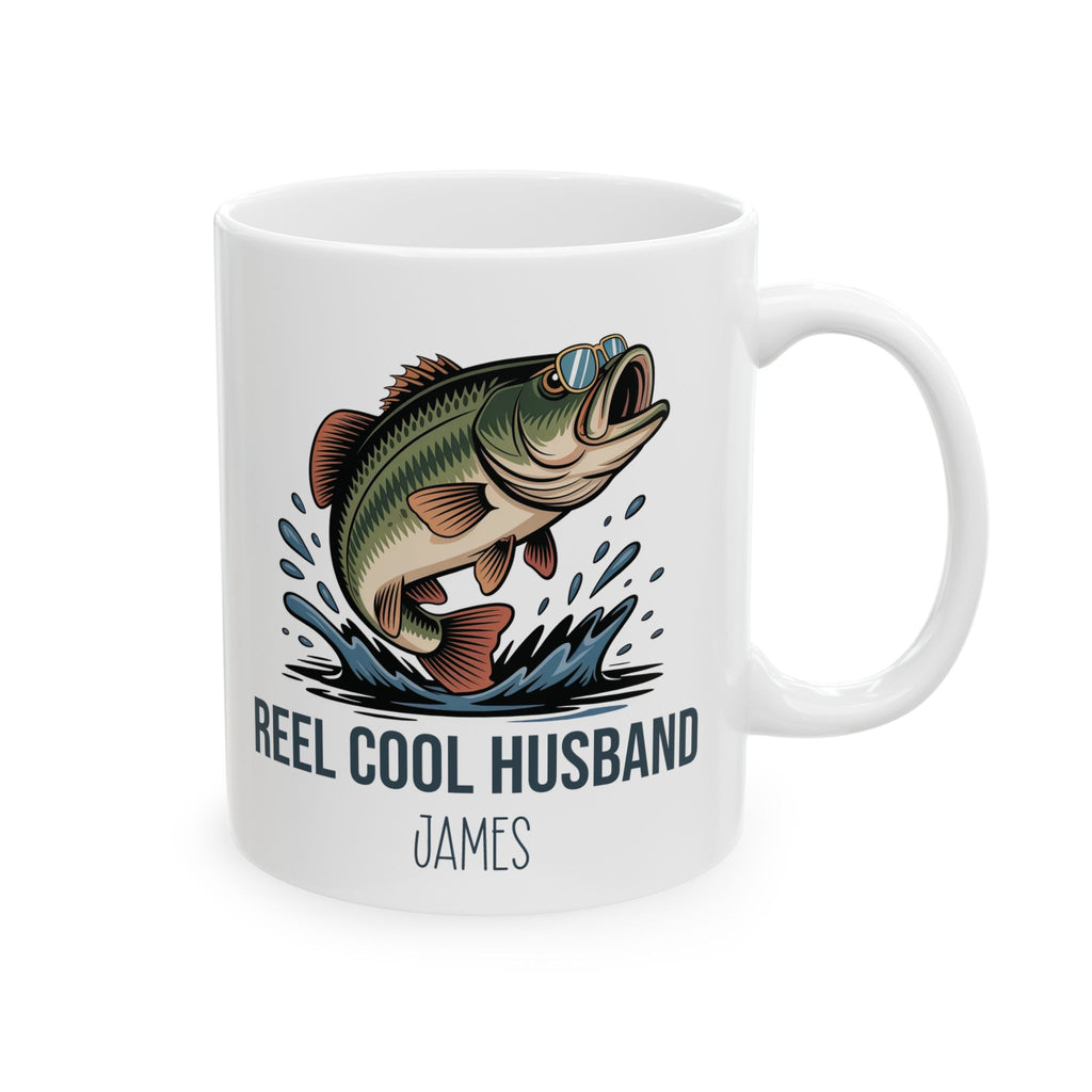 Personalized Reel Cool Husband bass fishing mug for husband, front view