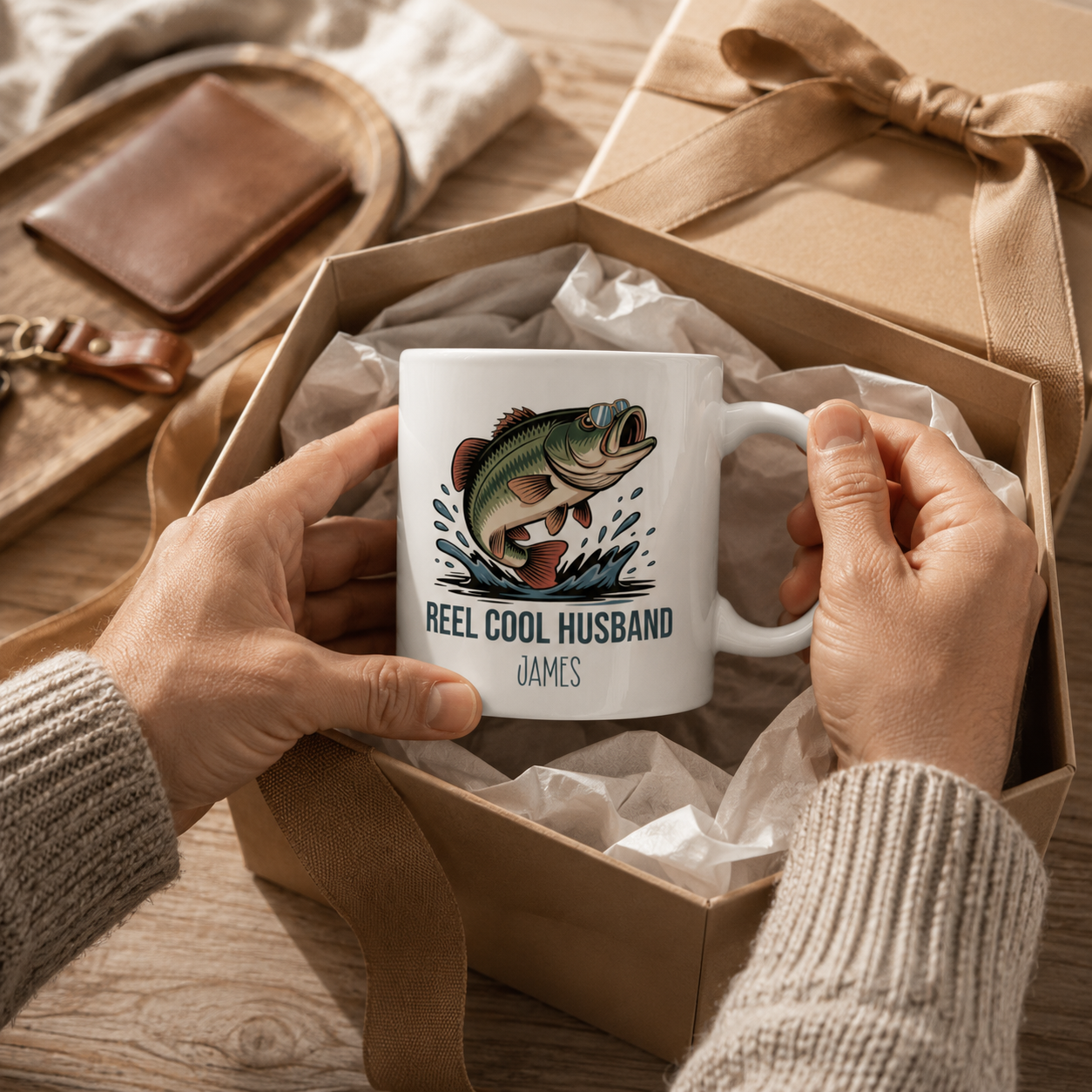 Personalized Reel Cool Husband bass fishing mug displayed as a gift
