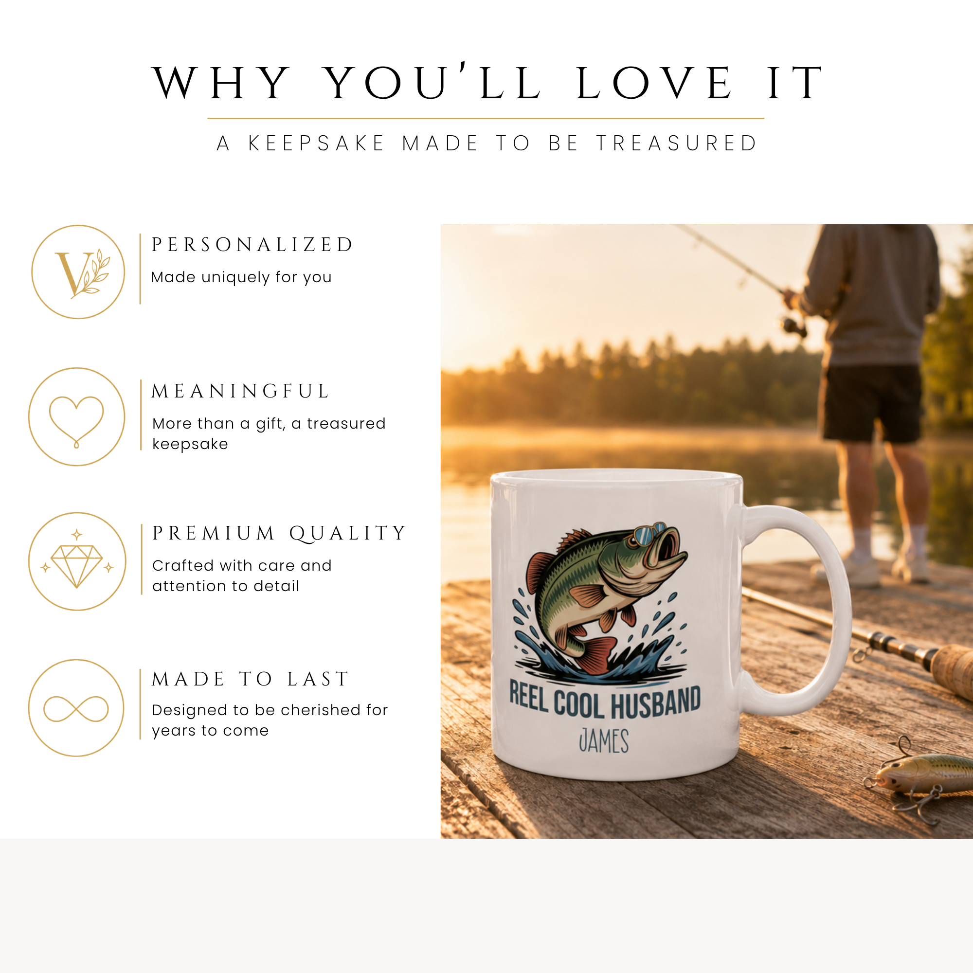 Personalized Reel Cool Husband bass fishing mug, handle-side view