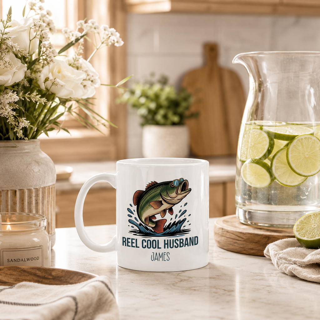 Personalized Reel Cool Husband bass fishing mug shown from the side