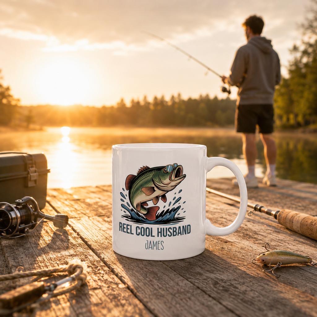 Personalized Reel Cool Husband bass fishing mug size and detail view, 11oz and 15oz