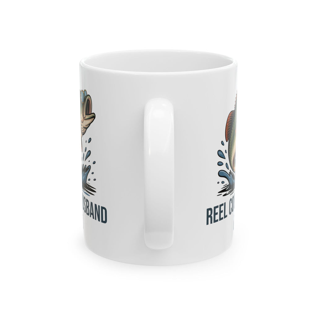 Personalized Reel Cool Husband bass fishing mug shown on a table as an anniversary gift