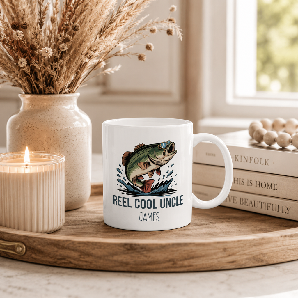 Personalized Reel Cool Uncle bass fishing mug displayed as a gift