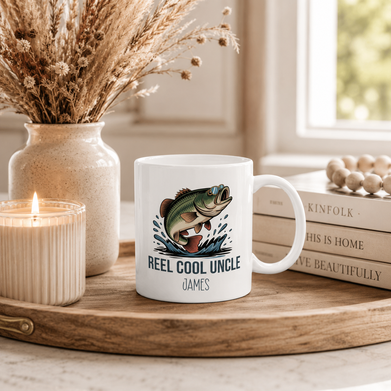 Personalized Reel Cool Uncle bass fishing mug displayed as a gift