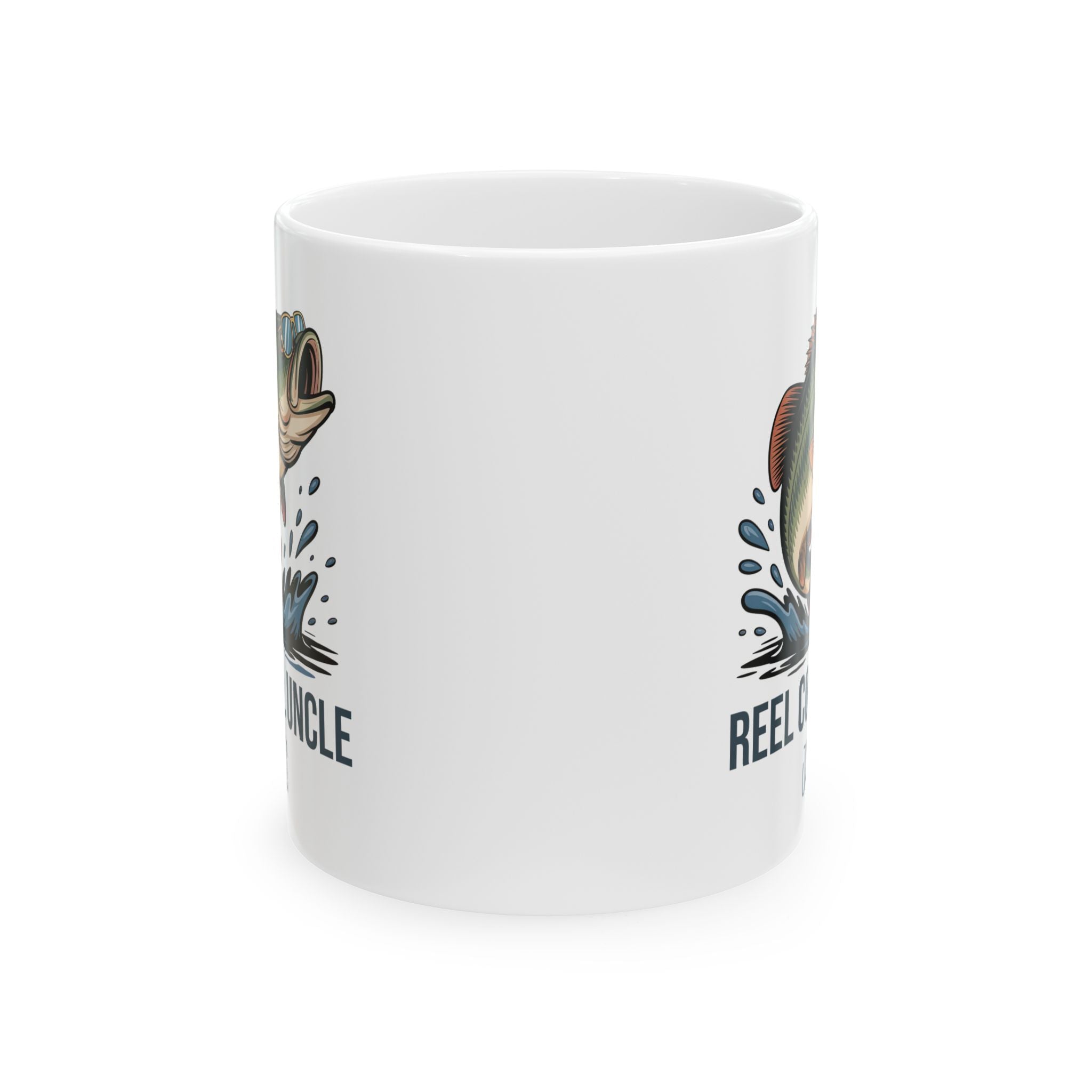 Personalized Reel Cool Uncle bass fishing mug held in hand