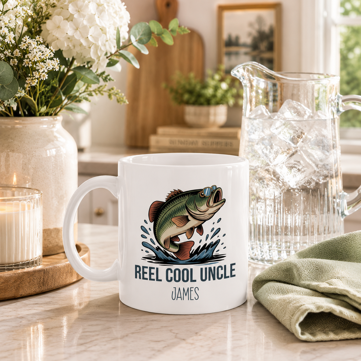 Personalized Reel Cool Uncle bass fishing mug shown from the side