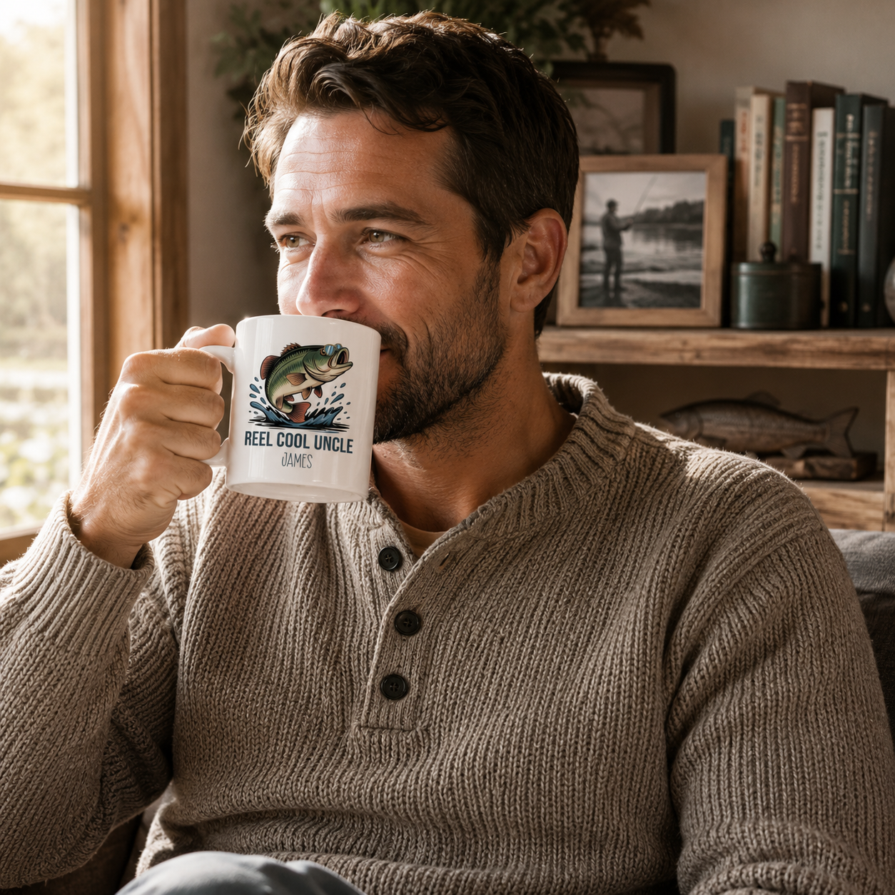 Personalized Reel Cool Uncle bass fishing mug size and detail view, 11oz and 15oz