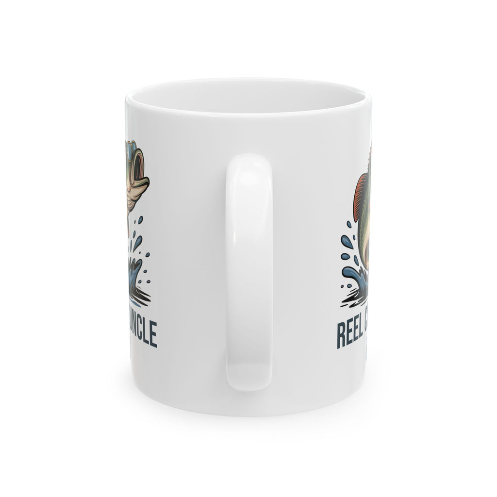 Personalized Reel Cool Uncle bass fishing mug shown on a table as a birthday gift