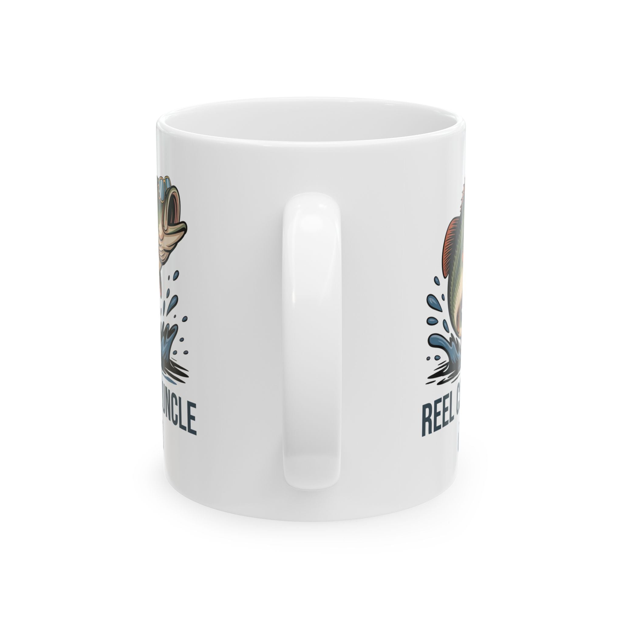 Personalized Reel Cool Uncle bass fishing mug shown on a table as a birthday gift