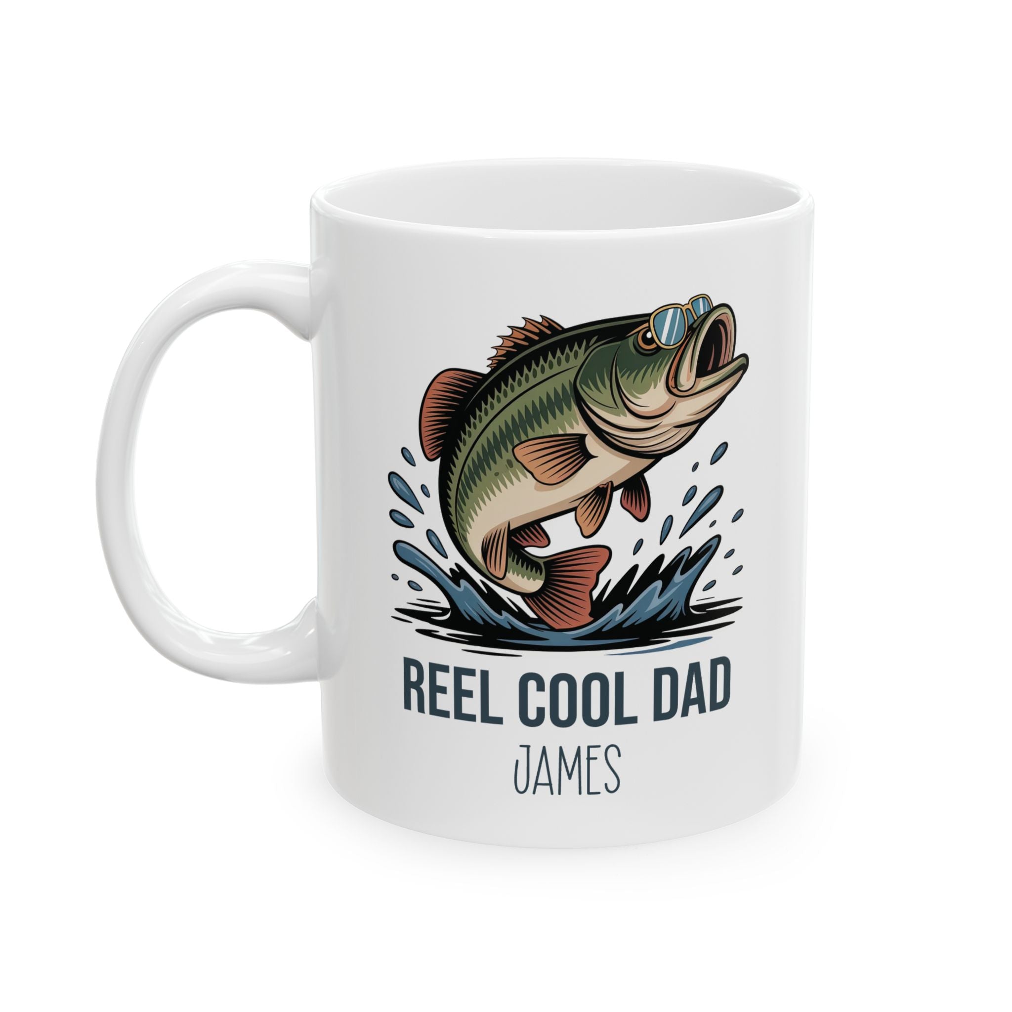 Personalized Reel Cool Dad bass fishing mug displayed on a desk