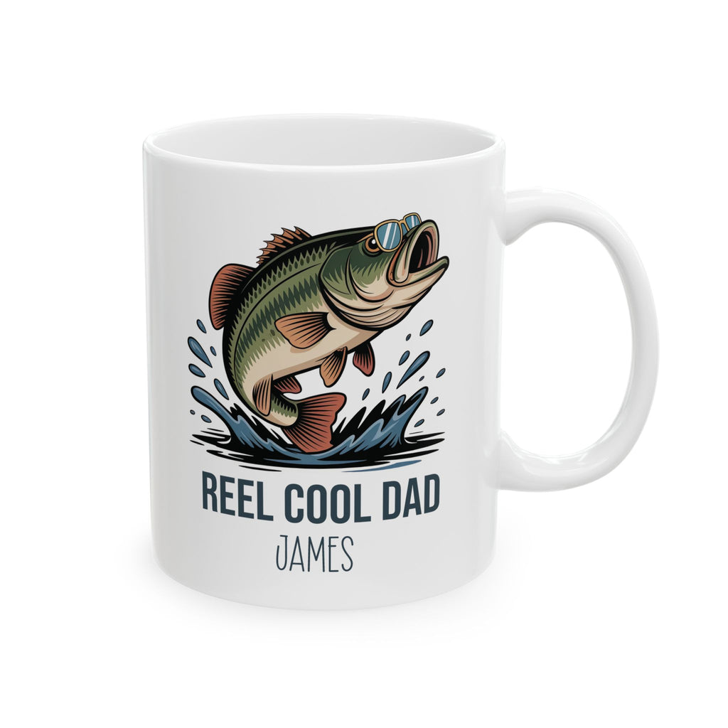 Personalized Reel Cool Dad bass fishing mug for dad, front view