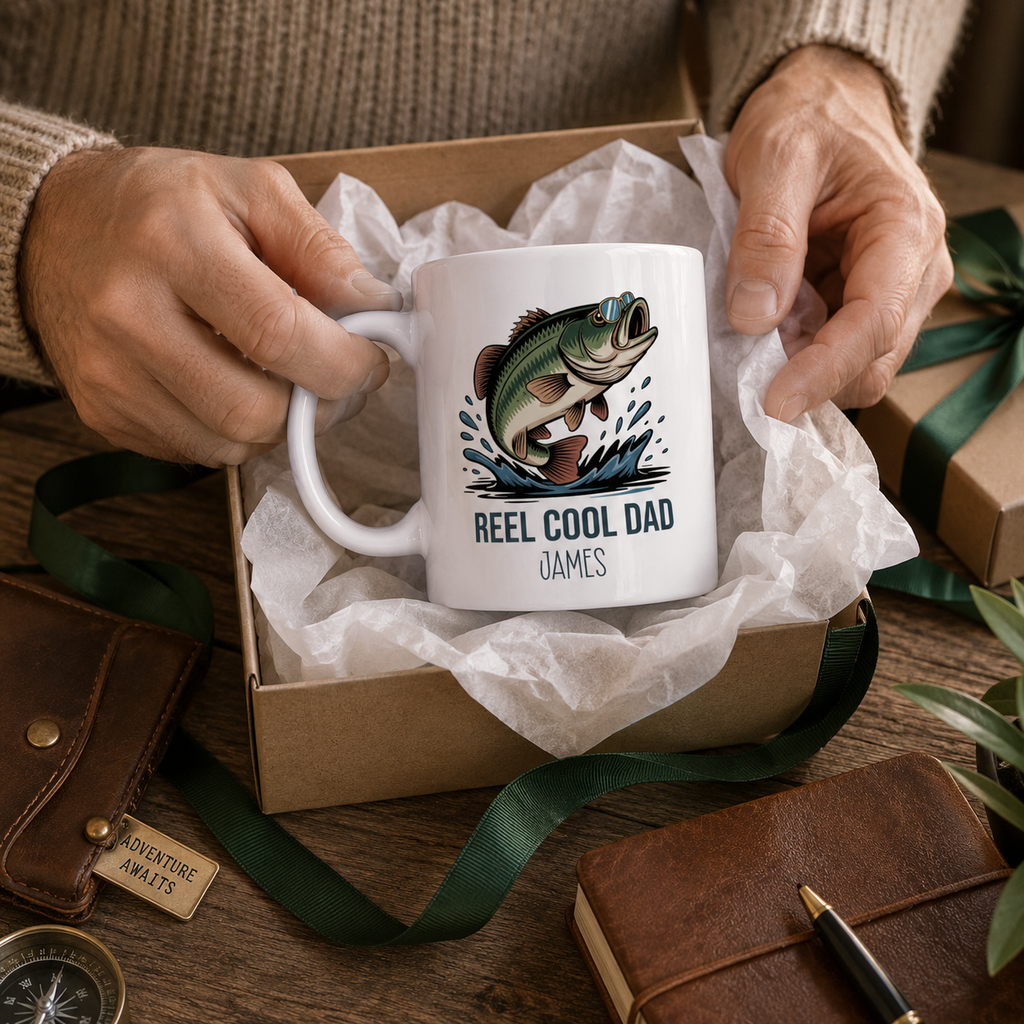 Personalized Reel Cool Dad bass fishing mug displayed as a gift