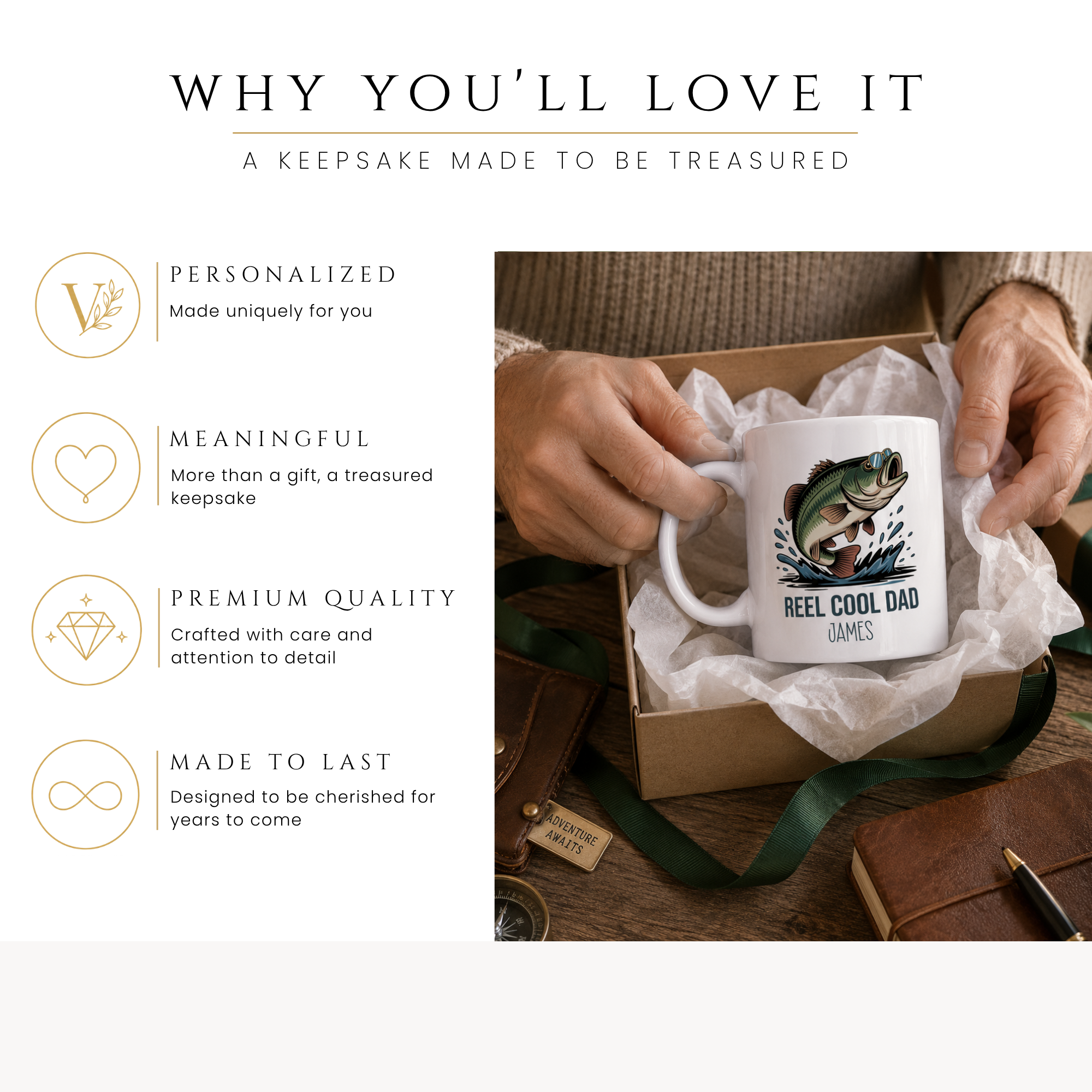 Personalized Reel Cool Dad bass fishing mug, handle-side view