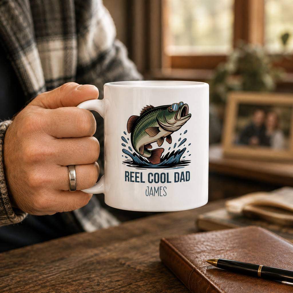 Personalized Reel Cool Dad bass fishing mug in everyday use