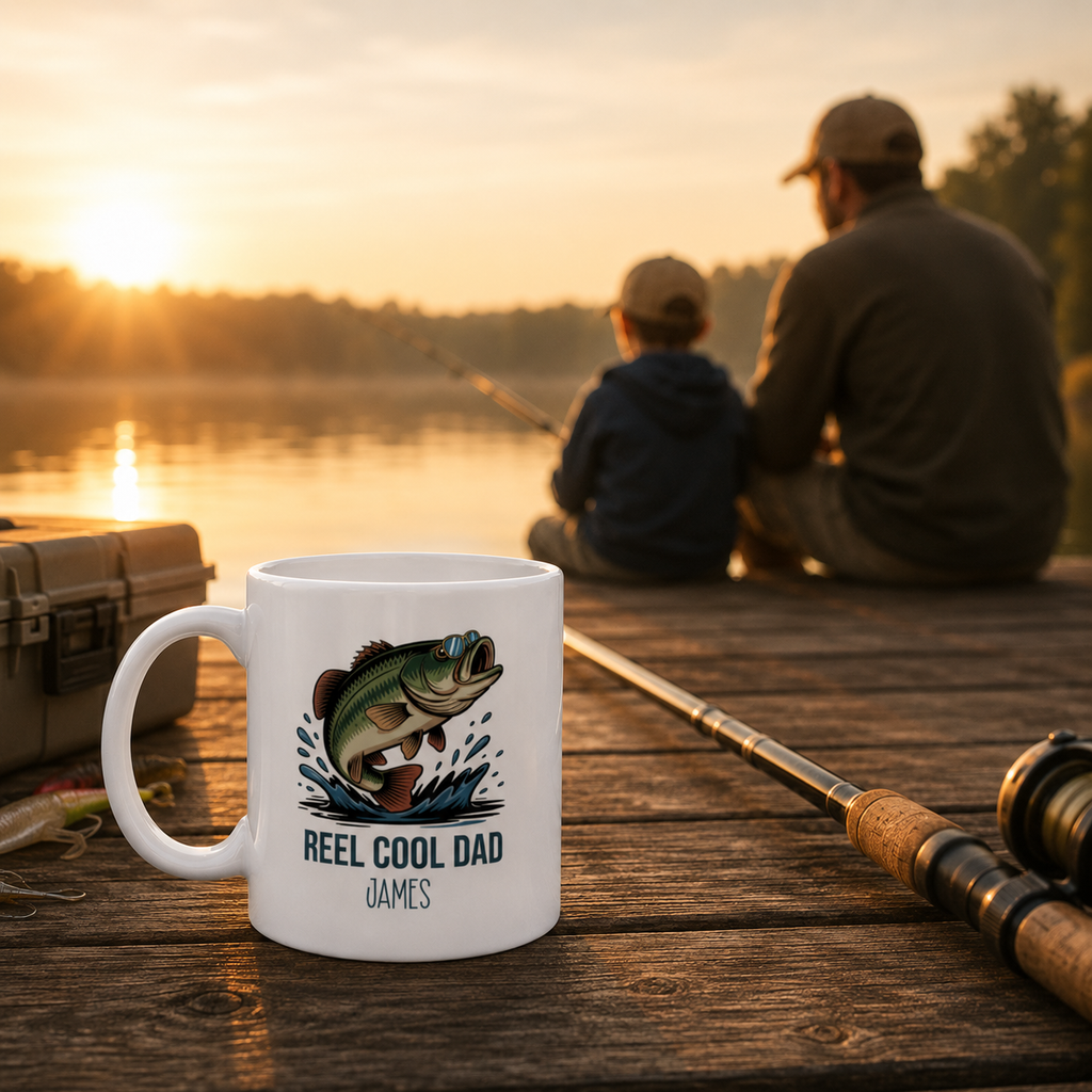 Personalized Reel Cool Dad bass fishing mug shown from the side