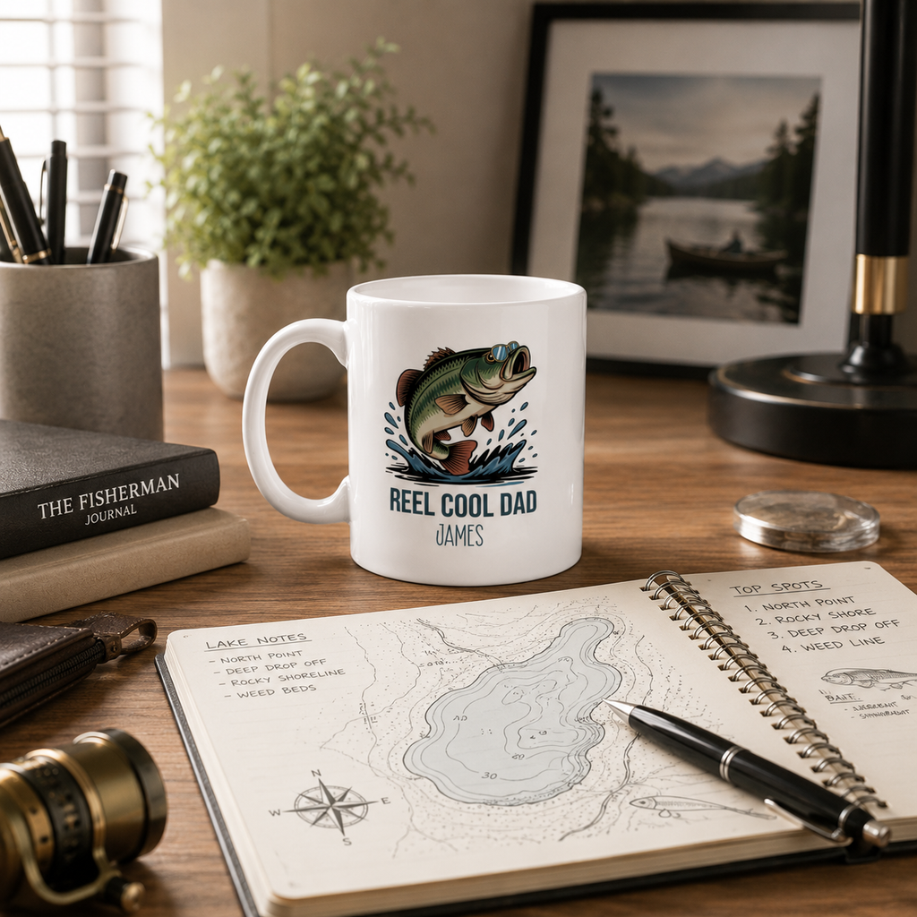 Personalized Reel Cool Dad bass fishing mug size and detail view, 11oz and 15oz
