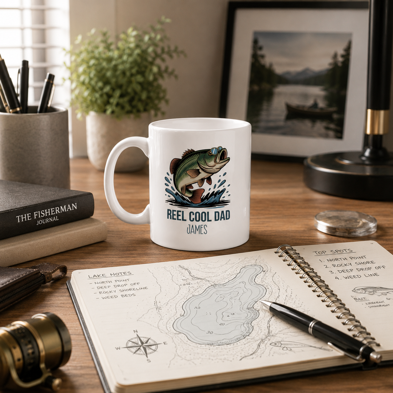 Personalized Reel Cool Dad bass fishing mug size and detail view, 11oz and 15oz