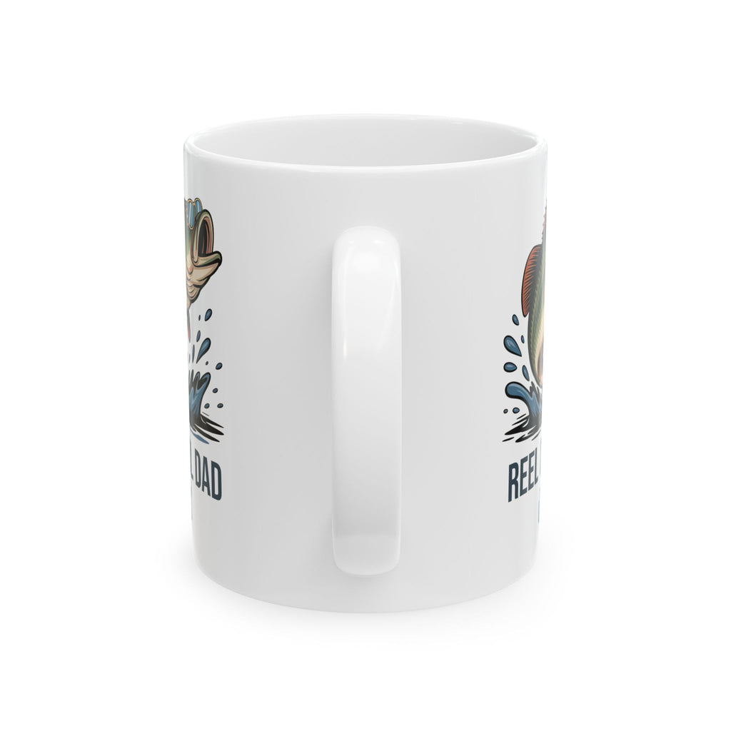 Personalized Reel Cool Dad bass fishing mug shown on a table as a Father's Day gift