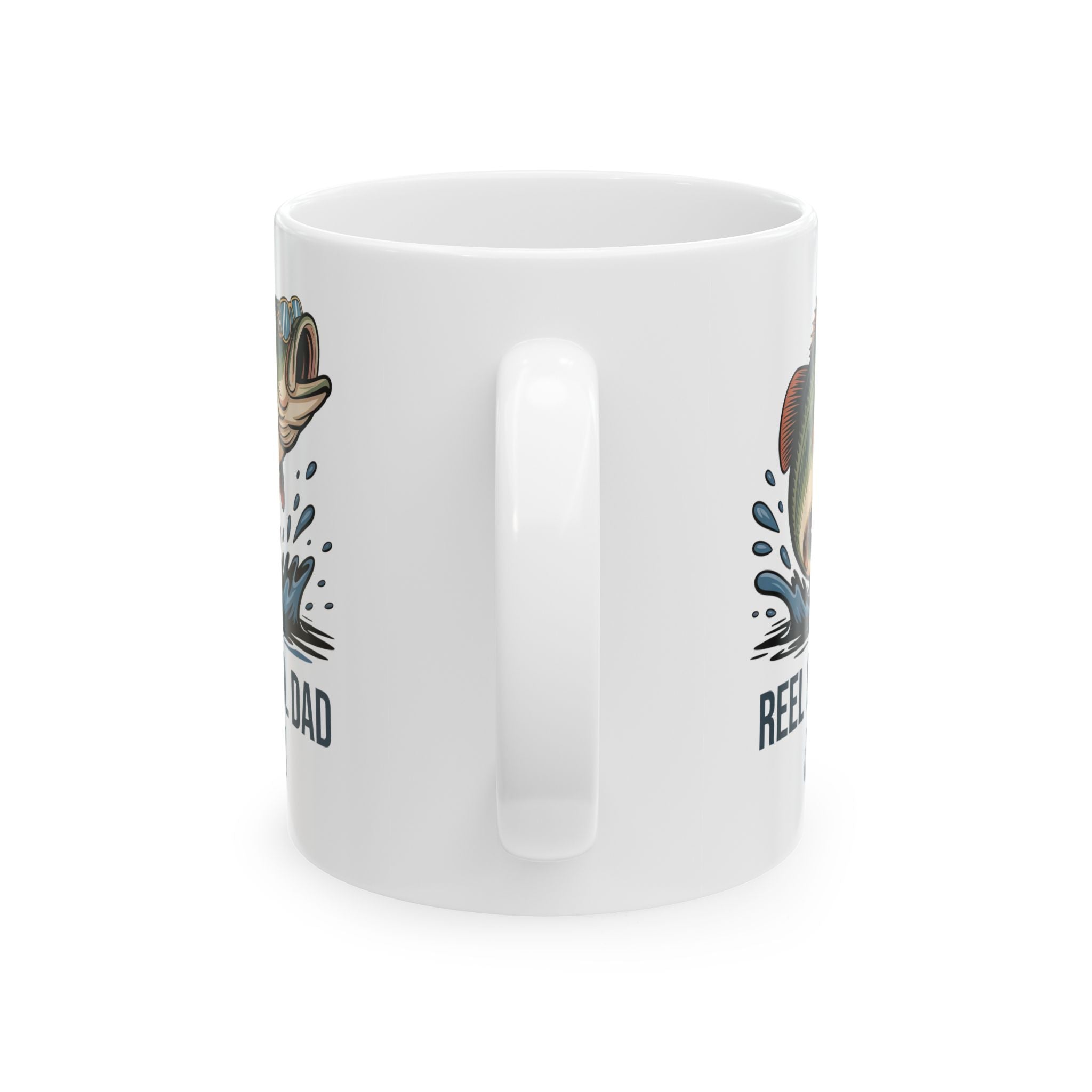 Personalized Reel Cool Dad bass fishing mug shown on a table as a Father's Day gift