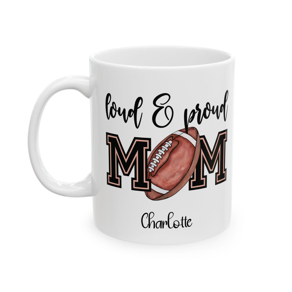 Personalized football loud and proud mug displayed on a desk