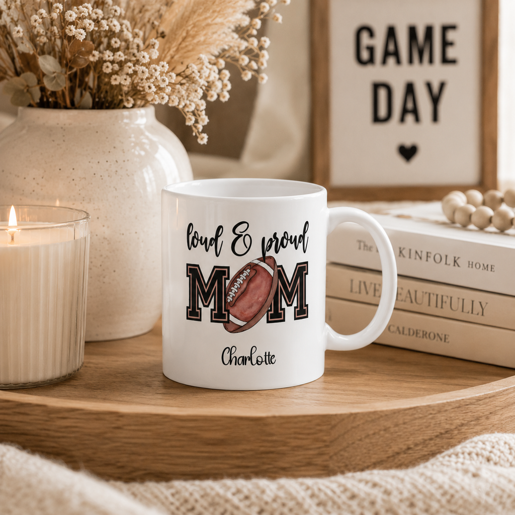 Personalized football loud and proud mug displayed as a gift