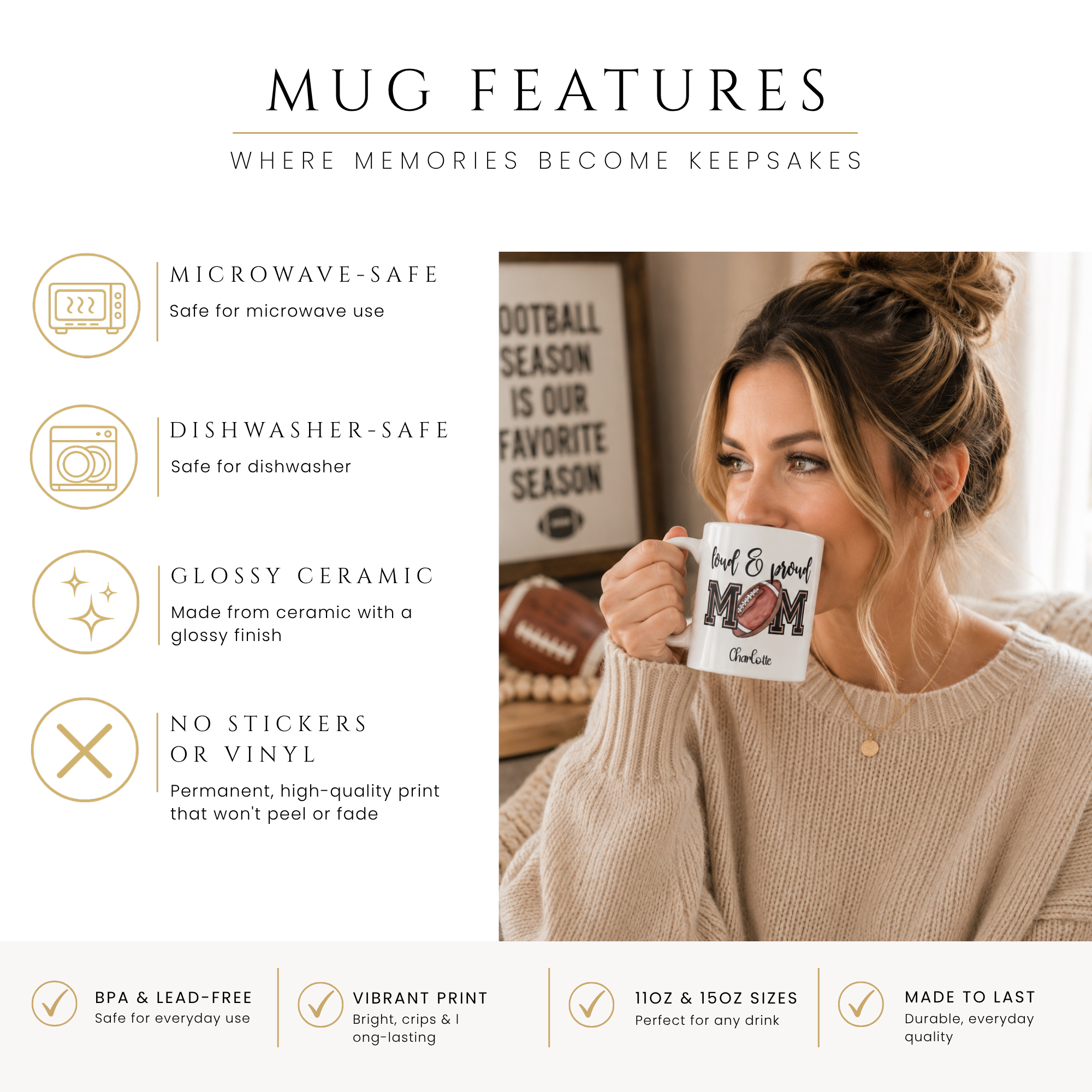 Personalized football loud and proud mug, handle-side view