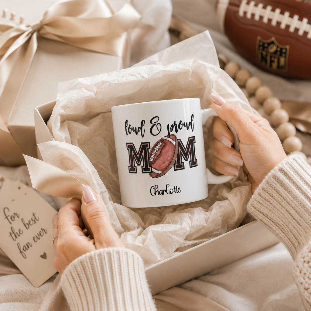 Personalized football loud and proud mug shown from the side