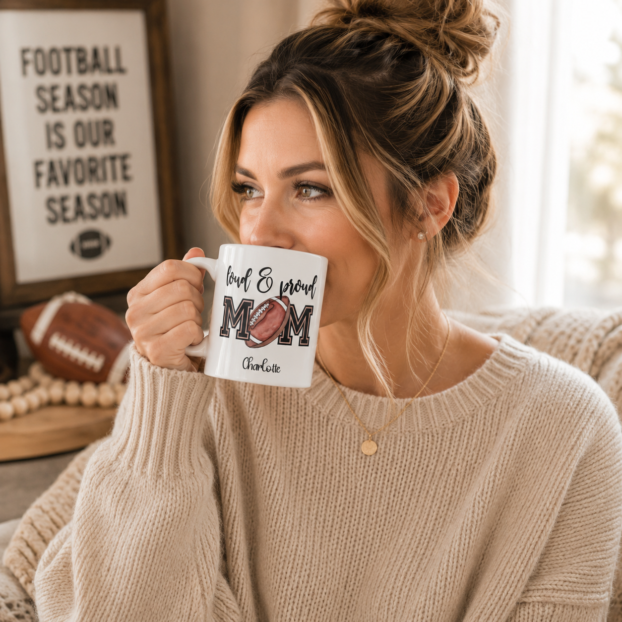 Personalized football loud and proud mug size and detail view, 11oz and 15oz